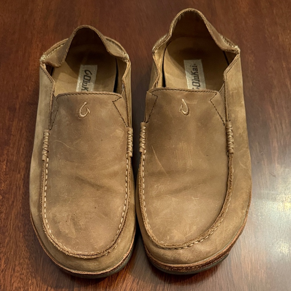 OluKai Men's Tan Leather Slip-On Loafers